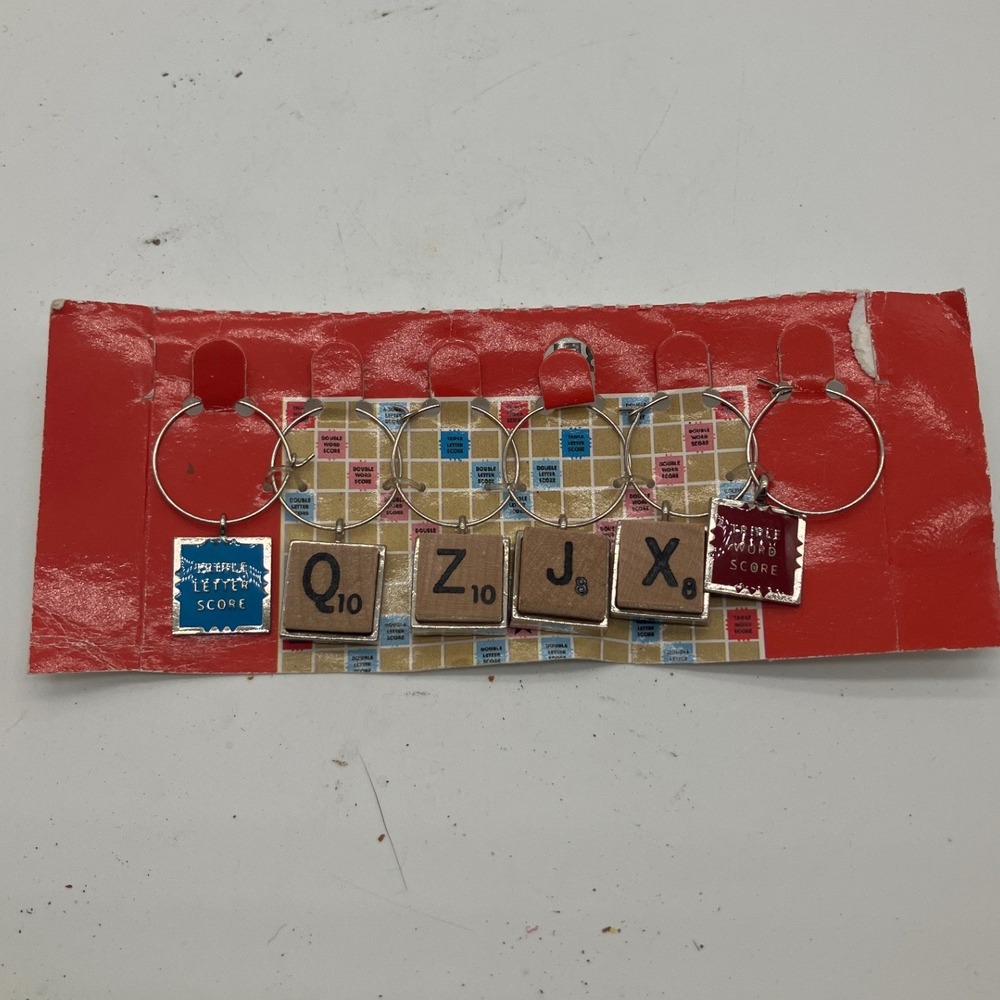 Hasbro Scrabble Wine Glass Charms Set of 6 Letter Tiles Q Z J X Triple Score